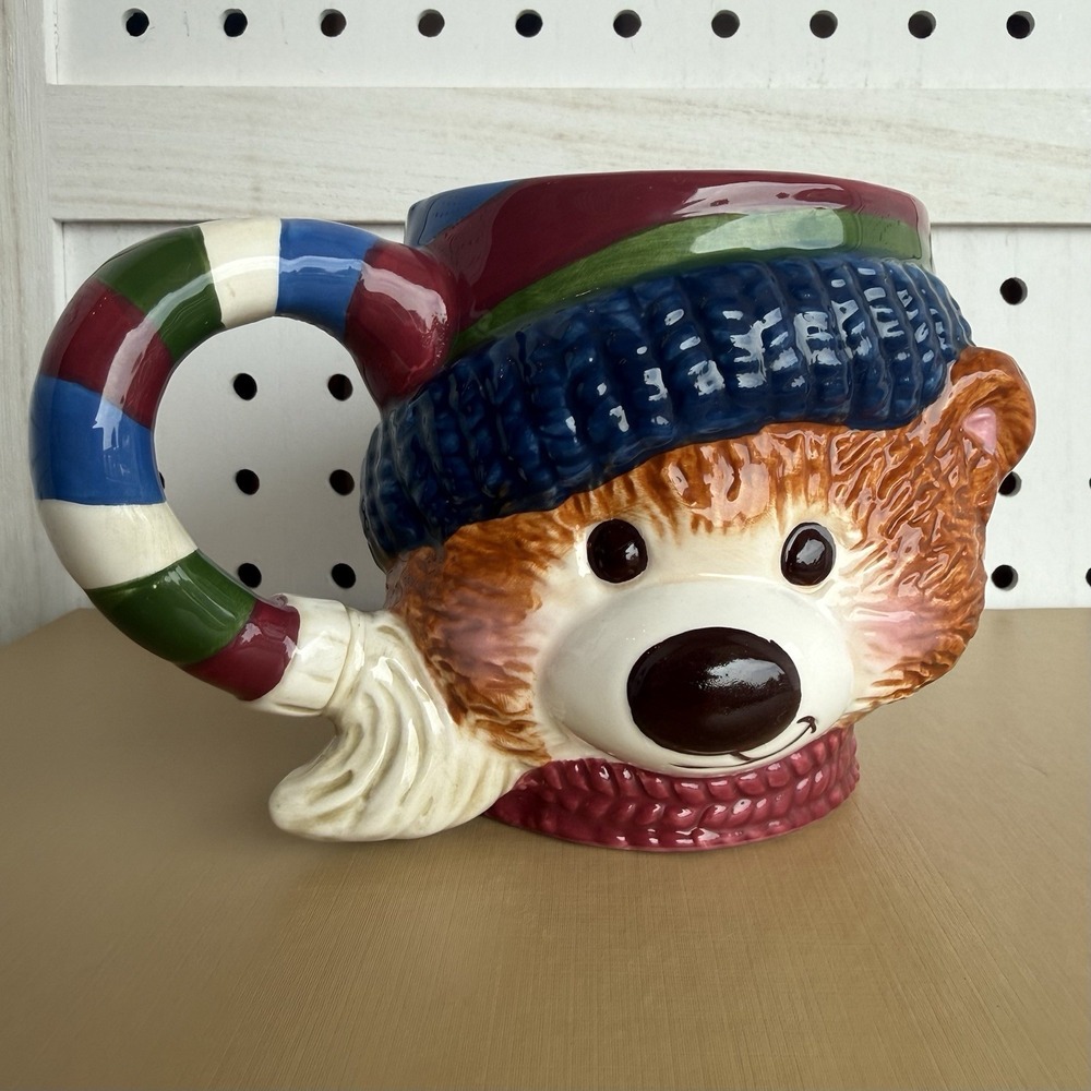 Christmas Teddy Bear Figural Ceramic Mug Striped Handle Hat Scarf Holiday Cup
